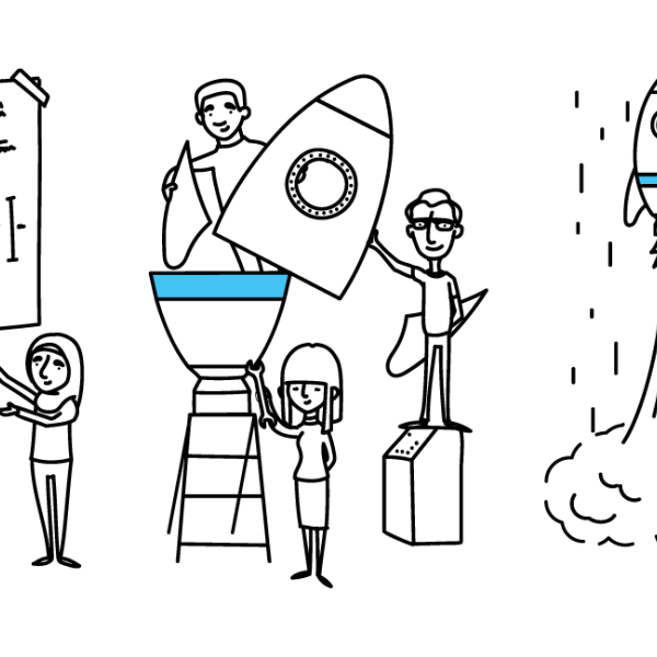 An illustration of the people launching a rocket ship