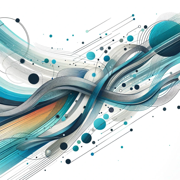 Graphic design with circles and lines merging together in blues and greys with white background