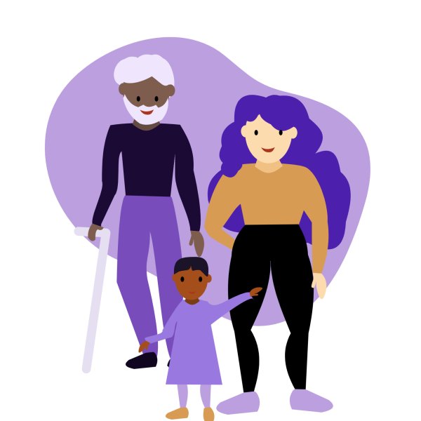 Illustration of two adults and one child standing together